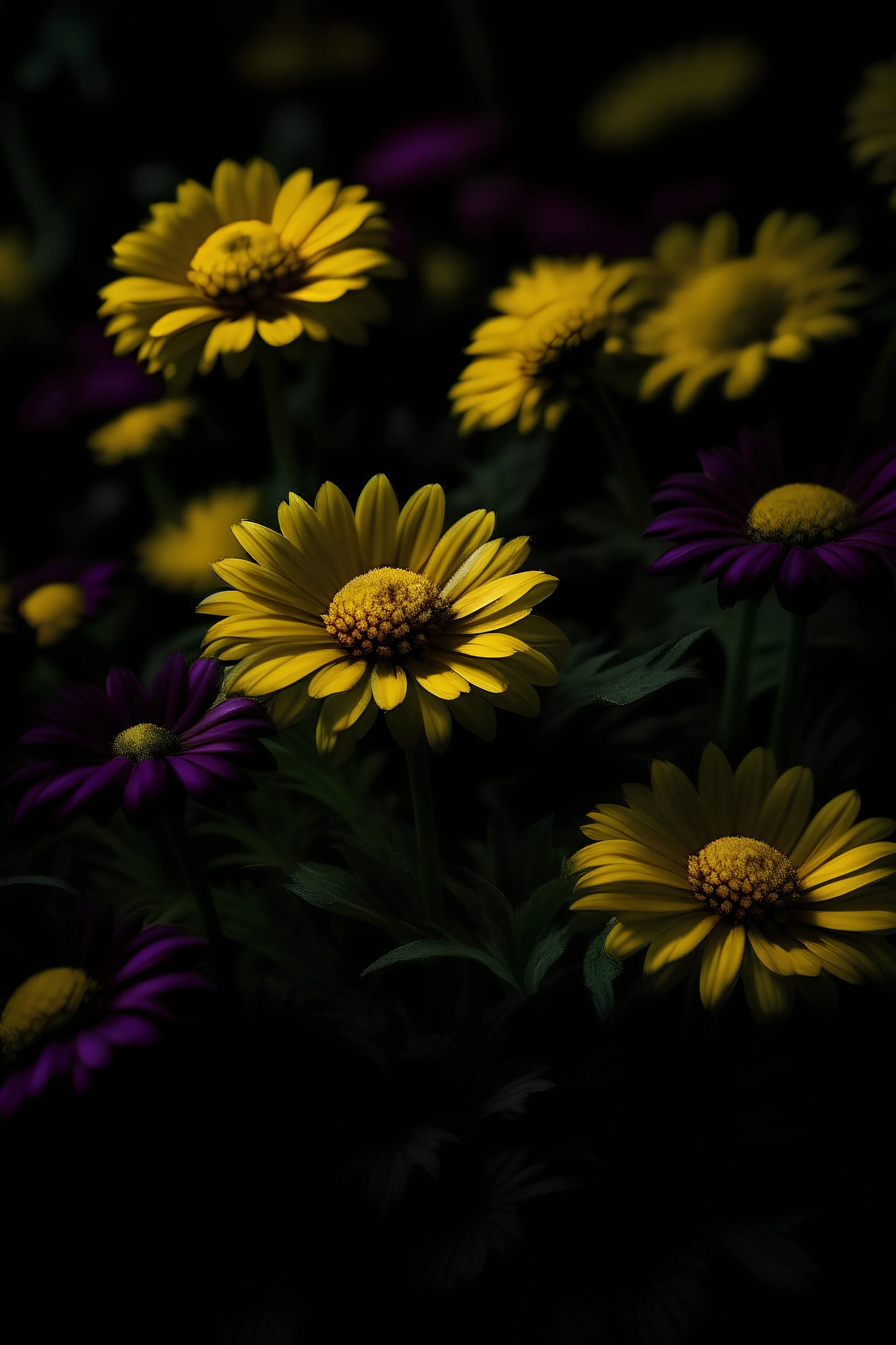 Purple and yellow flowers in a dark and high quality environment