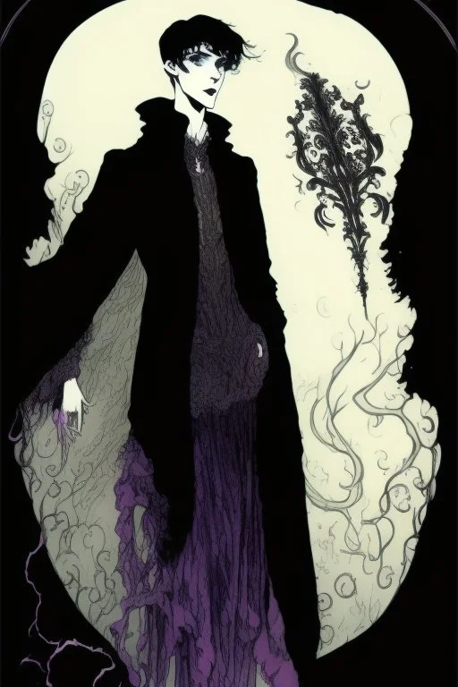 17 year old boy, necromancer, friendly, looks dead, surrounded by weird smoke with eyes, wearing black robes, in the style of Harry Clarke