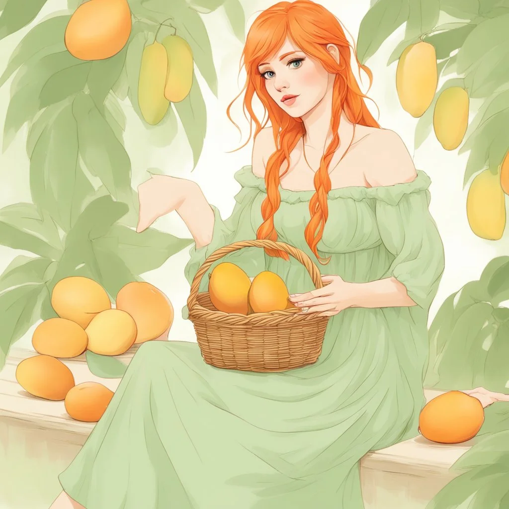 A beautiful young woman with orange hair sitting in a light green dress with a basket full of mangoes. All on a light background that can be easily removed.