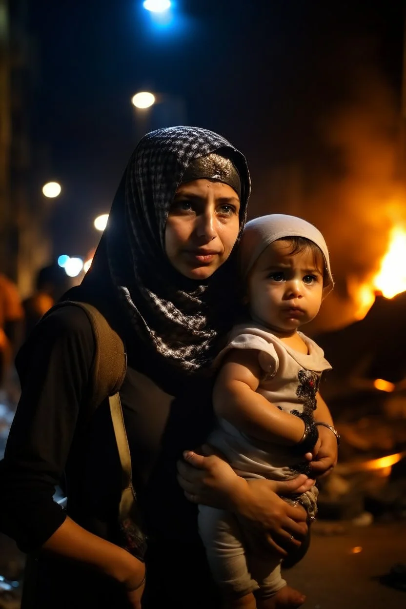 Palestinian girl wears Palestinian keffiyeh Carrying a nude small child , Destroyed Buildings , with a Explosions, at night