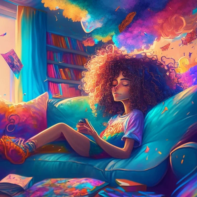 A beautiful girl with curly hair is sitting on the sofa in her room and her beautiful and colorful dreams are flying around the room. A room full of joy and passion and color, digital art, anime, 4k, full details, high resolution