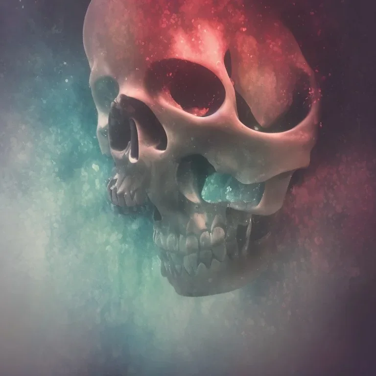 abstract photographic camera mixed with skull in dirty style. fog and smoke in atmosphere. bokeh, lens flare. Dark mood. Dripping paint. oil on canvas, mixed media, high detailed.