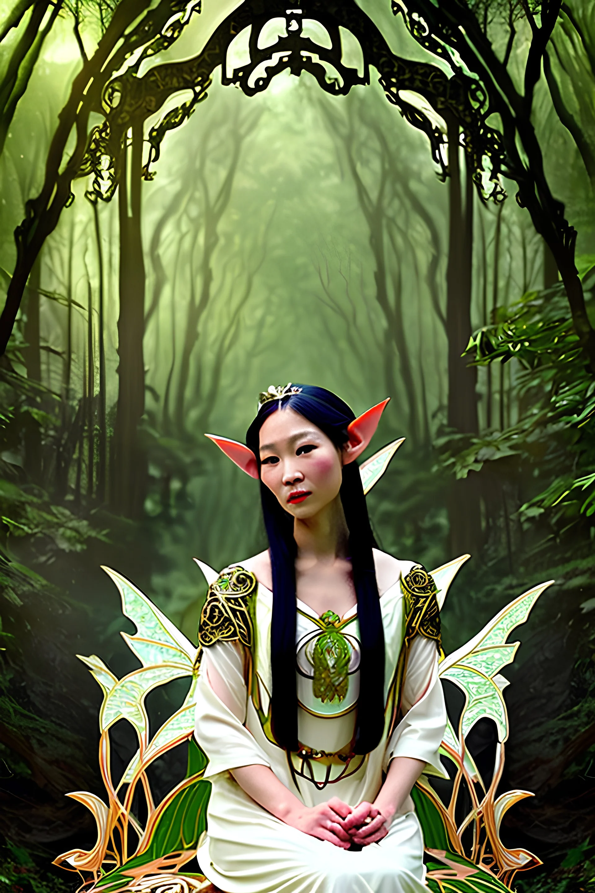 Art Nouveau art style A beautiful as a model asian woodland elf princess who looks like a young Lucy Liu seated on a throne in a mystical forest, photo-realistic