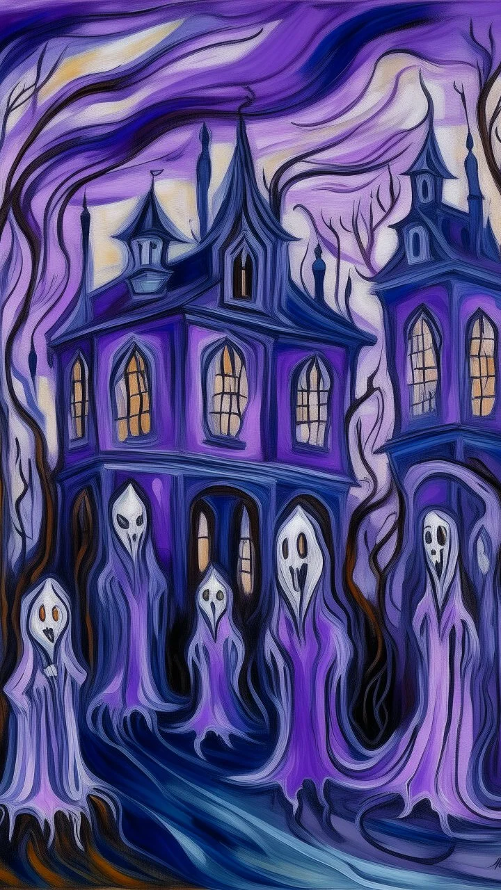 A purple haunted mansion filled with ghosts painted by Edvard Munch