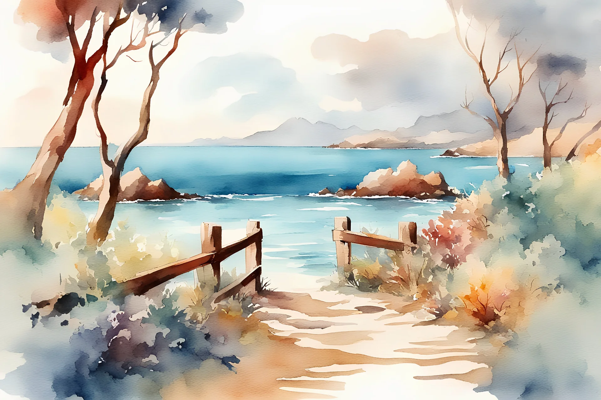 beautiful ocean landscape vintage watercolor high contrast colorful