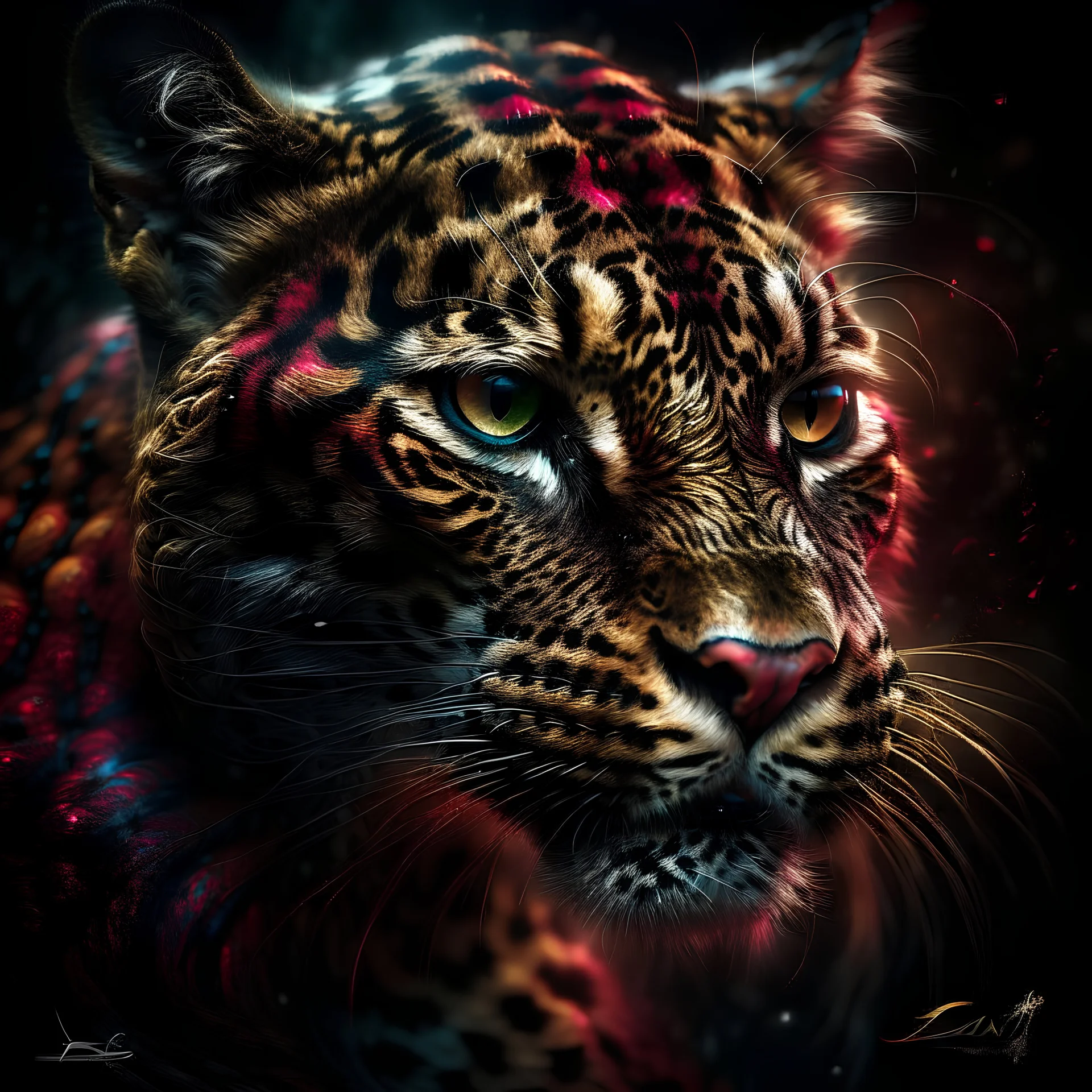 candy leopard, portrayed with the intricate facial features and extremely detailed pupils characteristic of Stefan Gesell's style, blended with the elongated forms and dramatic chiaroscuro reminiscent of El Greco, conveyed through a light painting technique with push processing, incorporating holographic elements for a dreamy, vibrant effect, soft skin texture, clarity achieved, supporting a perfect composition, cinematic atmosphere, delicate detail