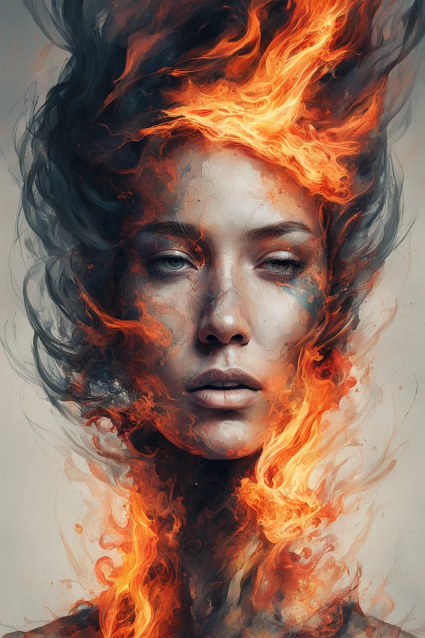 An abstract and captivating digital artwork featuring a portrait of a woman with burning edges