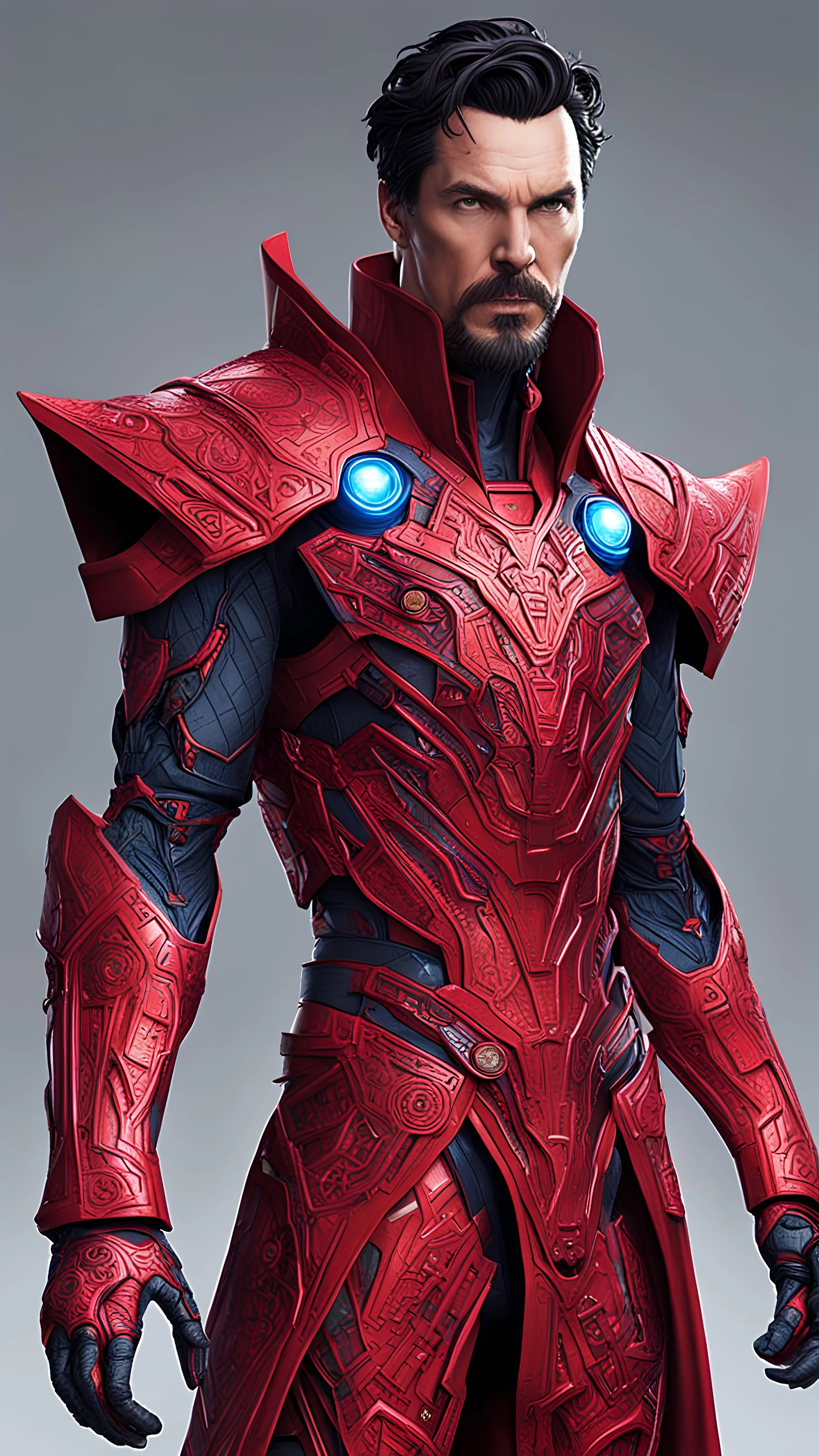 a doctor strange in cybernetic armor, ultra detalhado, cor vermelho . ::n_ desenho, Imperfection, baixa qualidade, boneco, jogo, realistic, full body ,assinatura