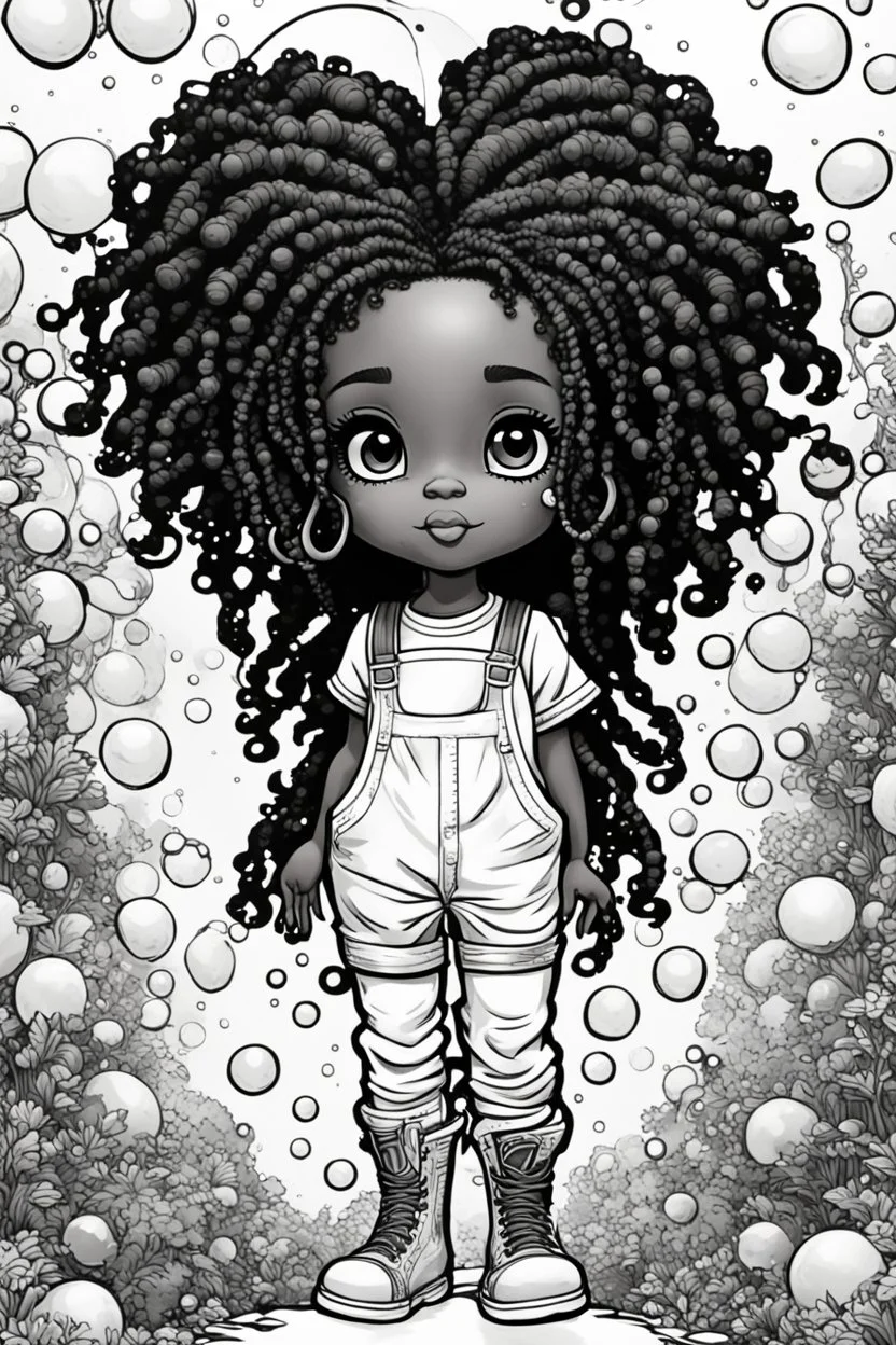 Create an coloring page of a psychedelic illustration of a chibi cartoon black young girl wearing overalls and boots. . Highly detailed sister locs. Background of a large bubbles and butterflies all around her, black and white