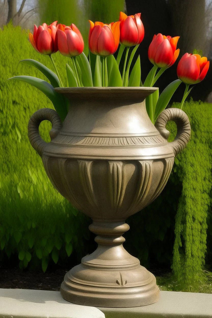 Etruscan urn holding tulips