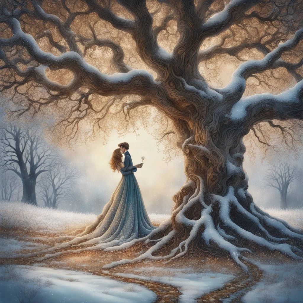 alcholic ink details of a young couple kissing centered under an impressive, frosted remarkable old oak tree, In a beautiful winter landscape , flowy swirls, golden lines, 3D, alcohol ink effects, sprinkle glitter, pearls, beads.very detailed, in the style of atmospheric tonalism. Elegant, intricate, 4k, a gravelled forest path leads through the countryside surrounded by snow-dusted ferns, mosses and tendrils. oi