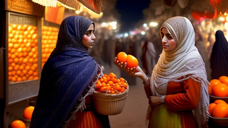 A full-length Palestinian girl wearing an embroidered dress and a white embroidered shawl buys oranges from an old seller wearing a keffiyeh in the market of Jerusalem, 100 years ago, at night with multi-colored lights reflecting on her.