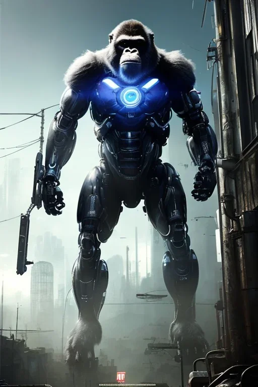 Cybernetic Robot Gorilla, post-apocalyptic in a cyberpunk city, realistic, intriacte detail, sci-fi fantasy style, volumetric lighting, particales,highly detailed,cinamatic, deep