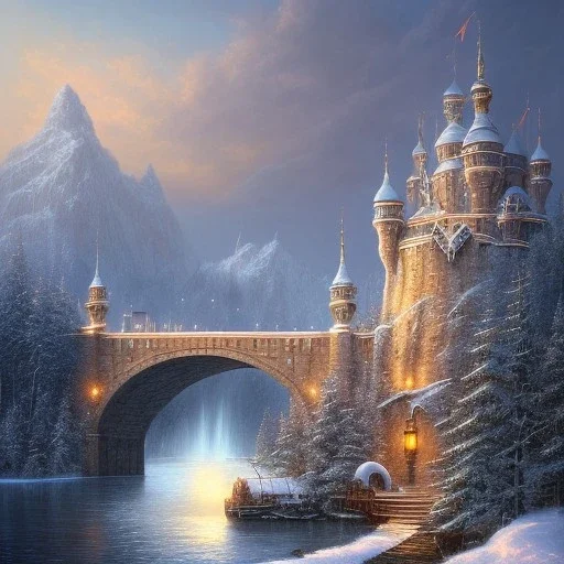 foreground:"big wolf", background:"fantasy art, book cover, wizard in front of the ebony stairs of a bridge or dam ,icy water, on the bridge is a wolf, there is also a hawk"