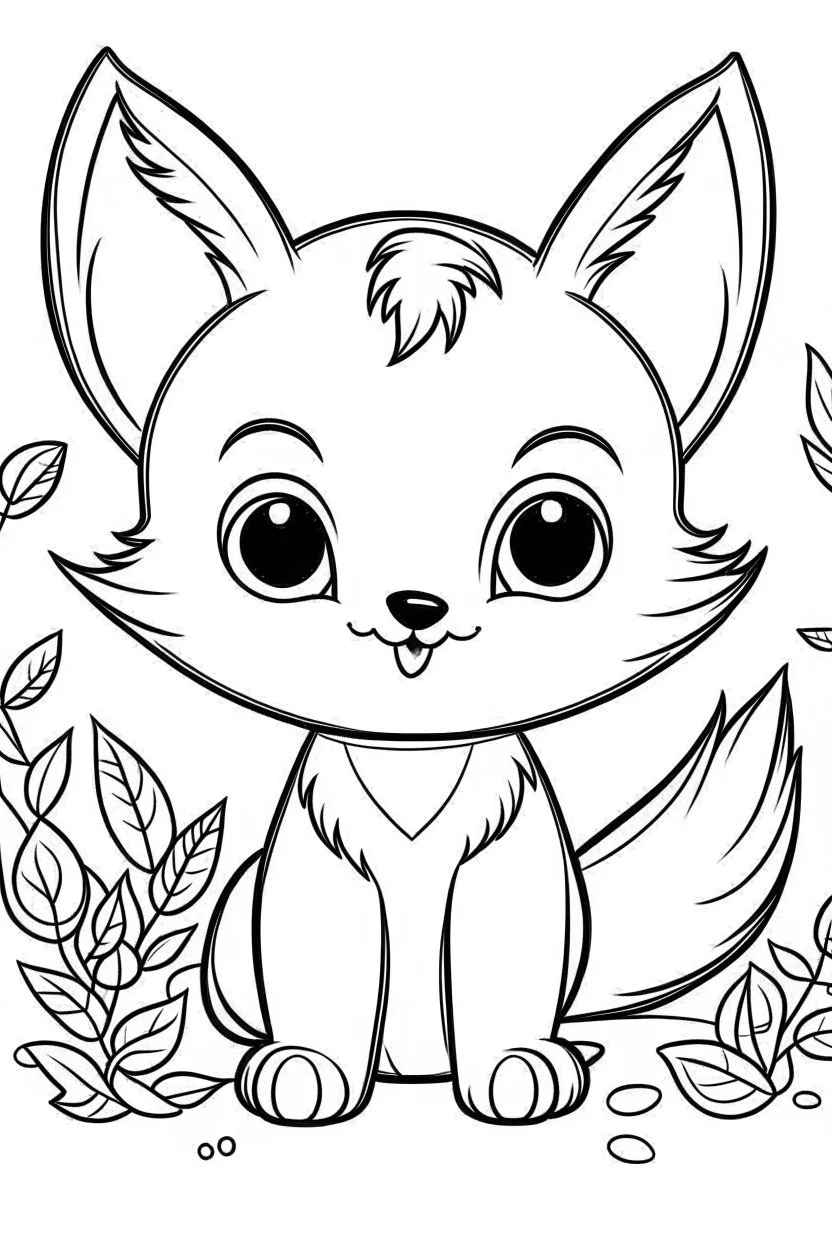 cute coloring page, sketch style, cute baby fox in the wood, cartoon, white and black, withe background, no shadows, outline.