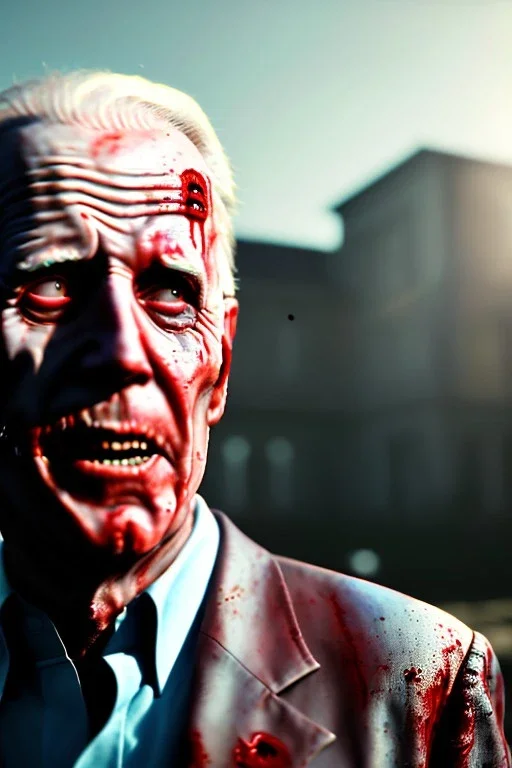 Ultra realistic image, joe biden zombie, zombie performance, blood, torn arm, night, walking twisted, waist up view, walking dead style, dark ambient, highly detailed, sky background, concept art, unreal engine 5, god rays, ray tracing, RTX, lumen lighting, ultra detail, volumetric lighting, 3d, finely drawn, high definition, high resolution.