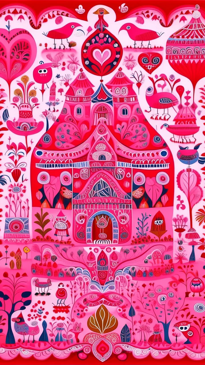 A rosy pink magical realm with spirits designed in Kuna Molas