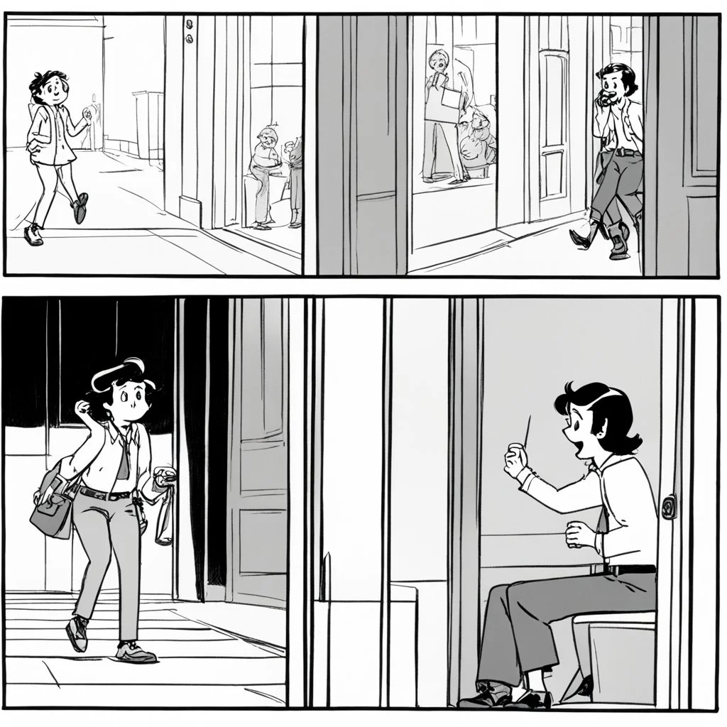Traditional animation storyboard, four frames: Frame 1: Close-up shot, Nancy is leaving the mall while talking on the phone. Frame 2: Jack appears, jumping in the doorframe. Frame 3: Over-the-shoulder medium close-up, Nancy hangs up the phone. Frame 4: Nancy sits on Jack's side. He has a serious expression, looking preoccupied, with a centered composition.