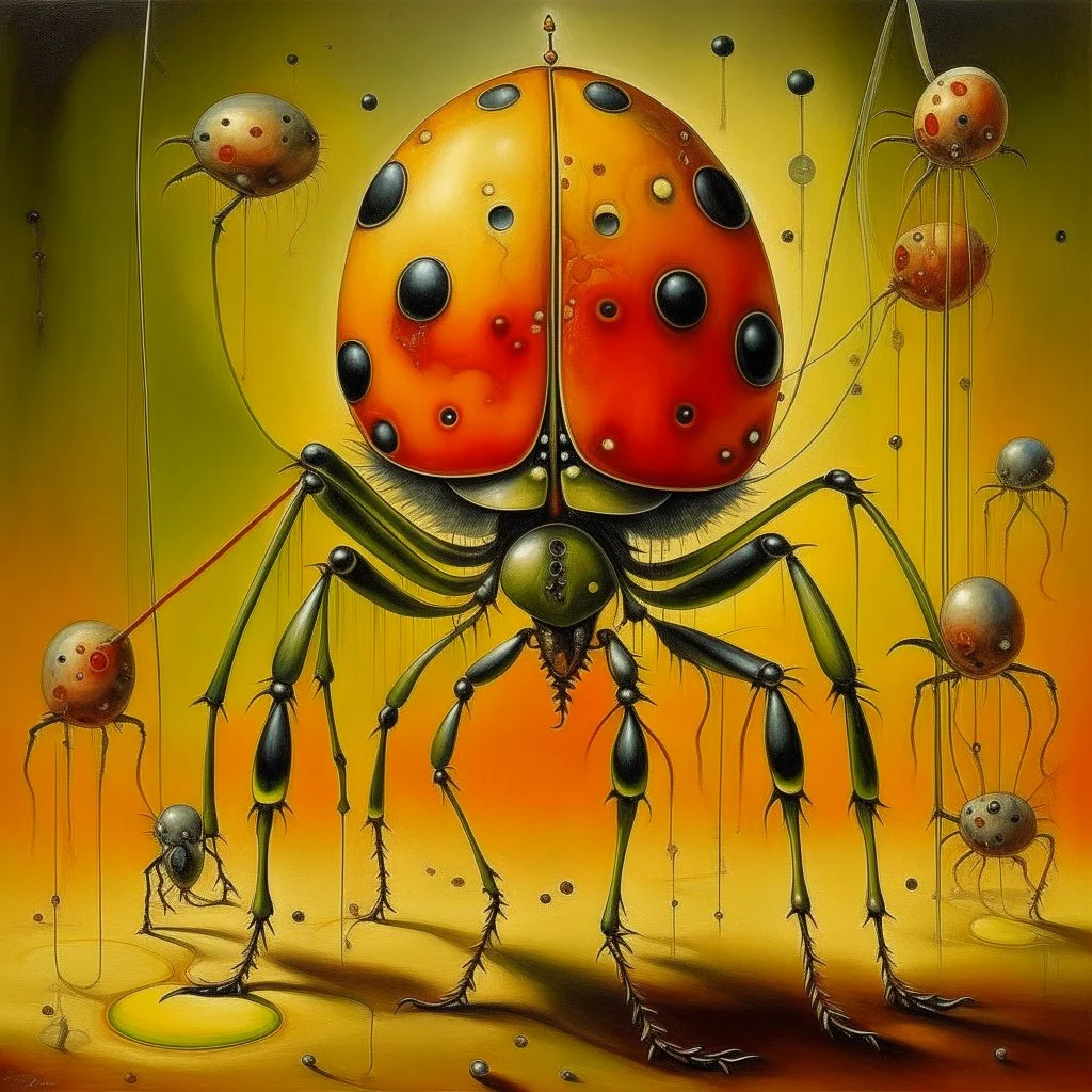 Creepy sepsis metaphoric image with very long legs, failing the biomorphic ladybug inquisition, surreal, sinister, profound, dramatic, oil painting, fantastical, by Ray Johnson and Duy Hunyh and Desmond Morris