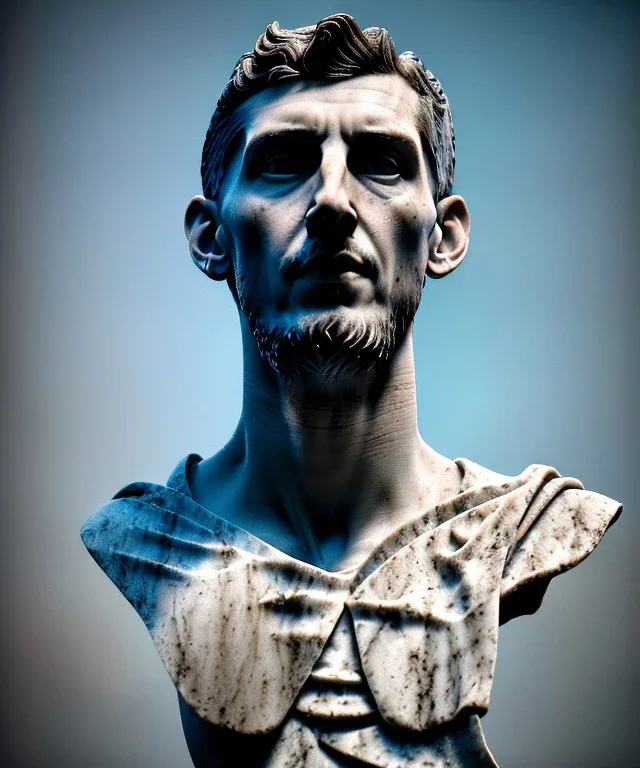 Ultra Realistic image, roman sculpture, marble deluxe material, Angel di maria soccer player, Greece Laurel crown, miguel angel style, chisel style, emperador, waist up portrait, cinematic lighting, God light, god rays, 4k resolution, smooth details, ornate details, soft lighting, unreal engine 5, sky background.