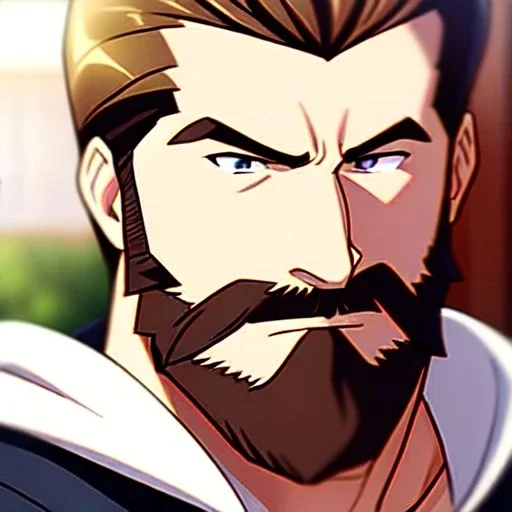 Clear focus, 8k, portrait, anime, beard, serious eyes, brown hair,