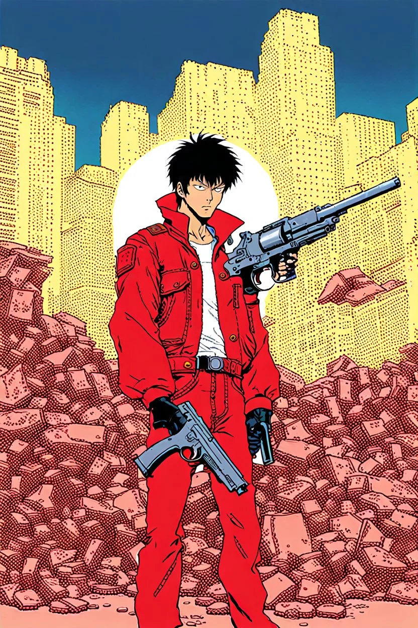 Shotaro Kaneda from Akira movie holds a revolver gun to his head.