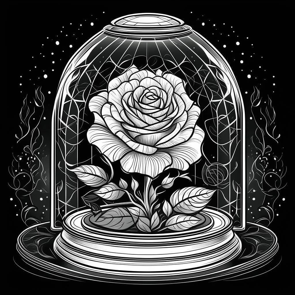 Make black and white cute drawing of a Enchanted Rose with black bold lines. Only outline, no grayscale. A single, glowing rose inside a glass dome with sparkles surrounding it. The petals can have a soft, magical glow, and the base of the dome is decorated with intricate carvings or magical runes.