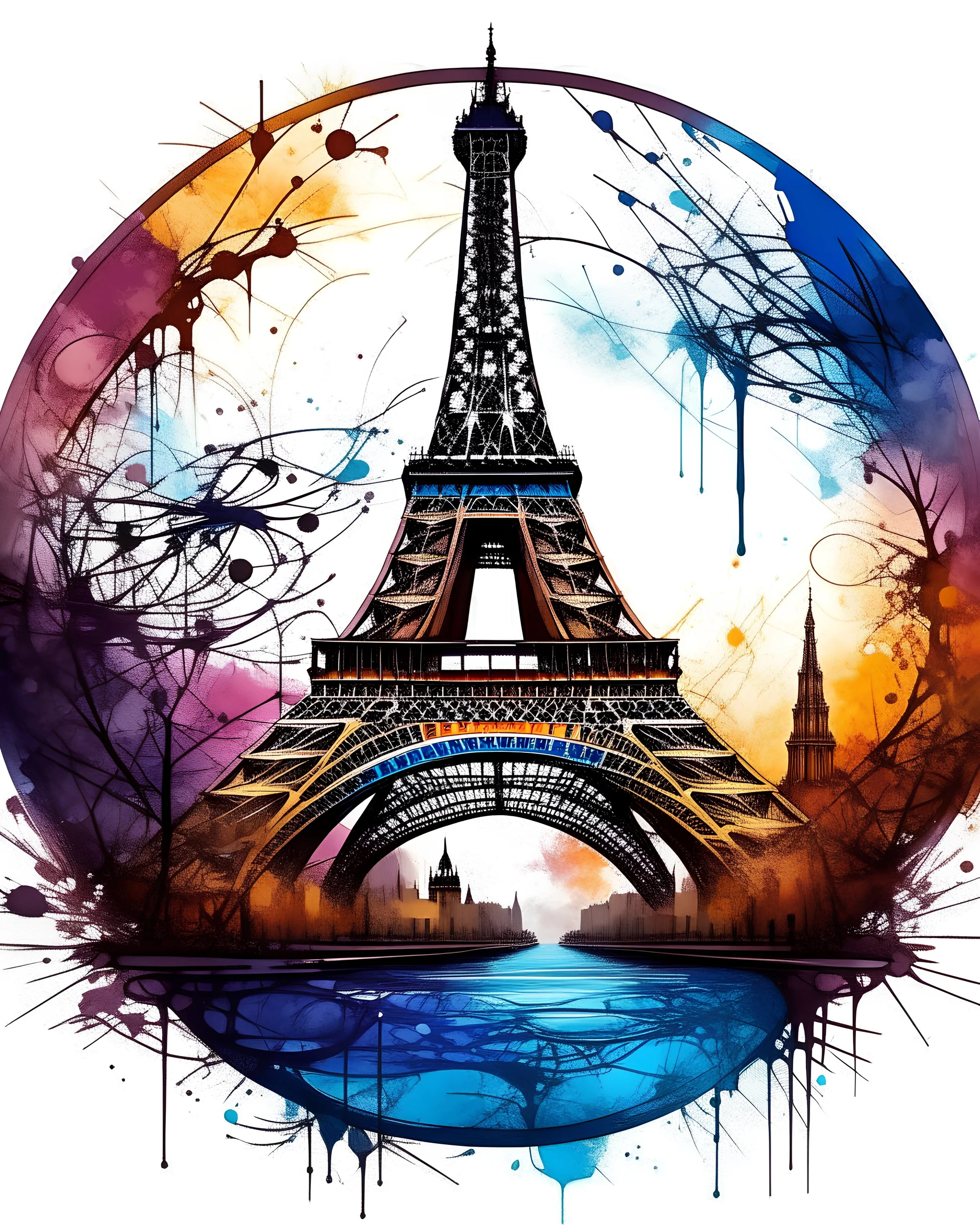 logo on transparent background paper, chromatic, zoom, sharp, realistic, splash of colors on a white background, a detailed golden purple sunset fire style, detailed realistic earth, Paris eiffel tower with light blue water, graffiti elements, powerful zen composition, dripping technique, & the artist has used bright, clean elegant, with blunt brown, 4k, detailed –n 9, ink flourishes, liquid fire, clean white background, zoom in, close-up