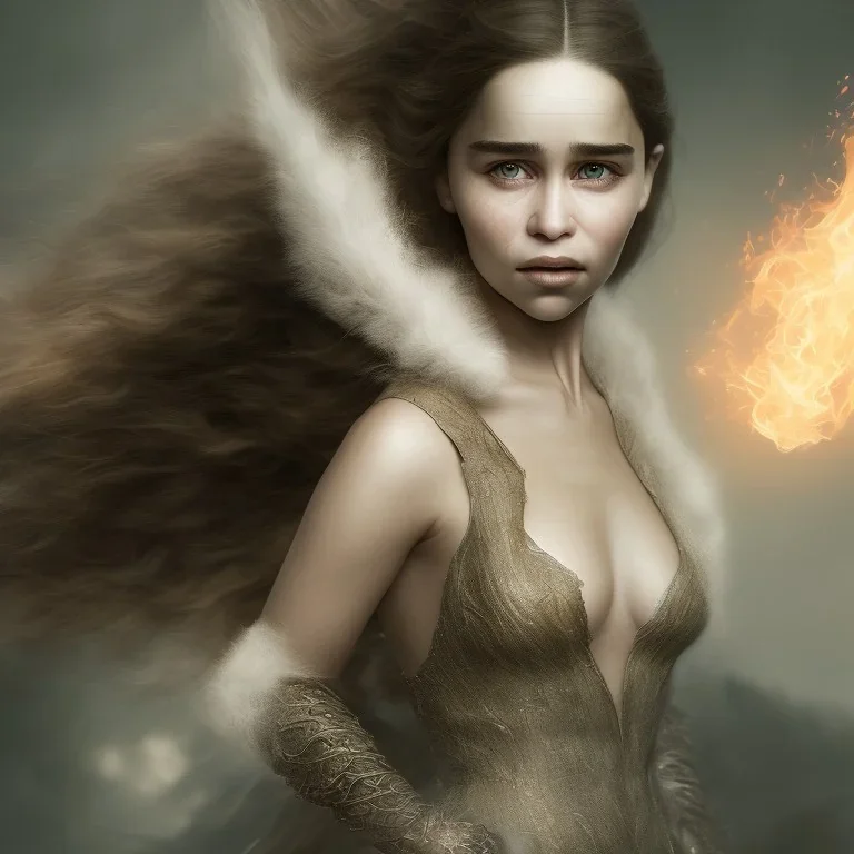 portrait only a wonderfull emilia clarke, dragon fantasy, big curves, voluminous long black hair, fire and fog particles, 55 mm