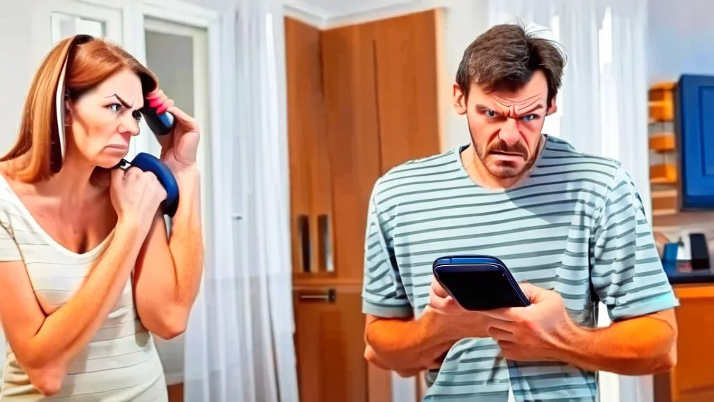 man at home angry on phone a lady stands behind him