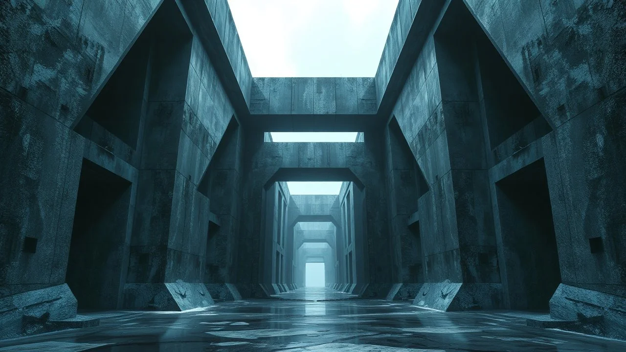 A dark, cold and surreal abstract artwork inspired by brutalism and brutalist architecture. Massive monolithic concrete structures form an impossible architectural passageway, with severe geometric shapes, enormous walls, sharp angles, deep voids and distorted perspective. The architecture feels oppressive, mysterious and dreamlike rather than realistic. Use a cold palette of graphite black, concrete grey, steel blue, icy blue and desaturated cyan, with subtle atmospheric dramatic shadow