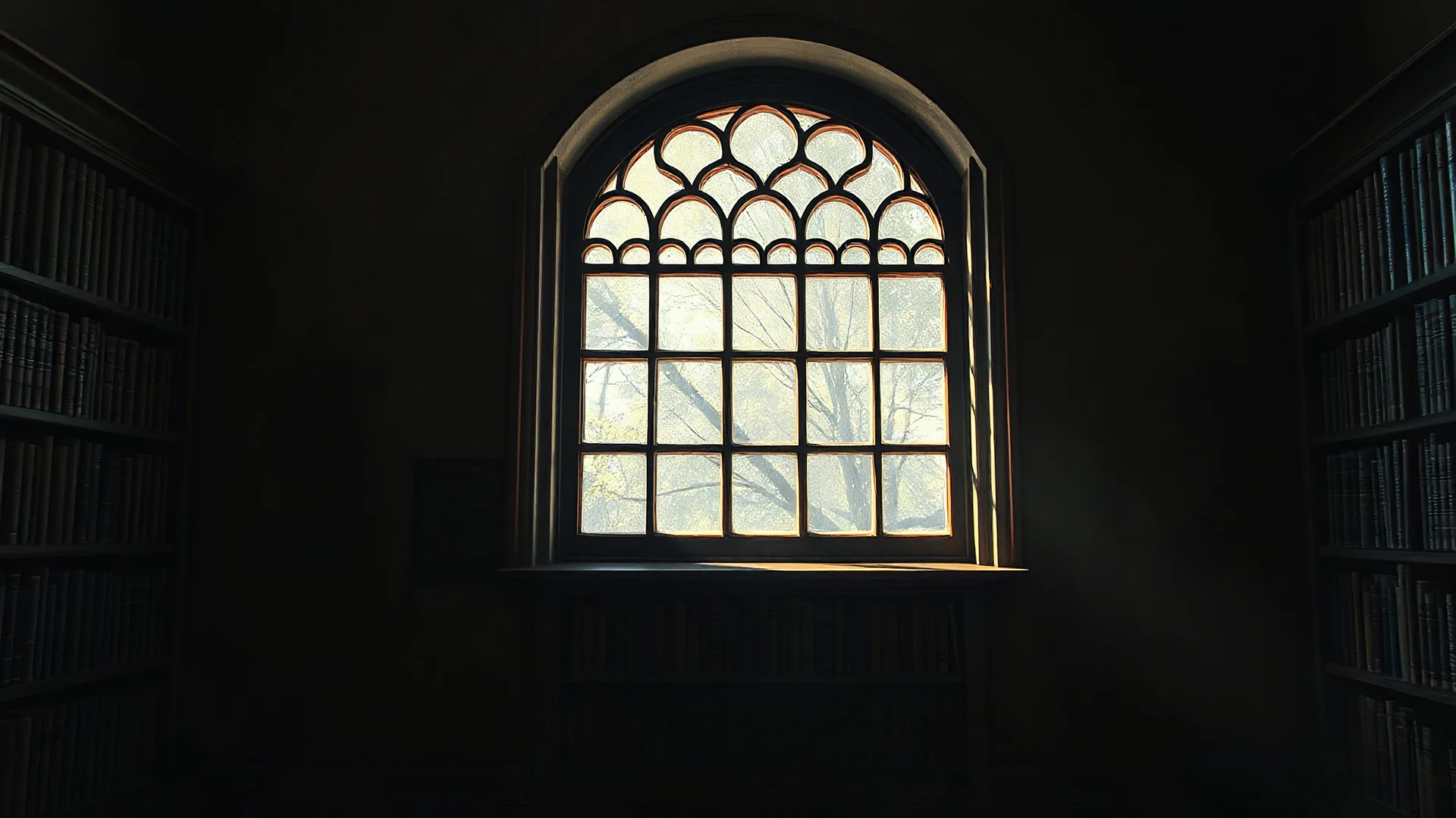 closed window in old library, 8k, high quality, trending art, trending on artstation, sharp focus, studio photo, intricate details, highly detailed, by greg rutkowski