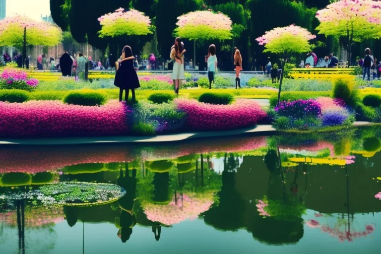 Modern city, people, pond, flowers