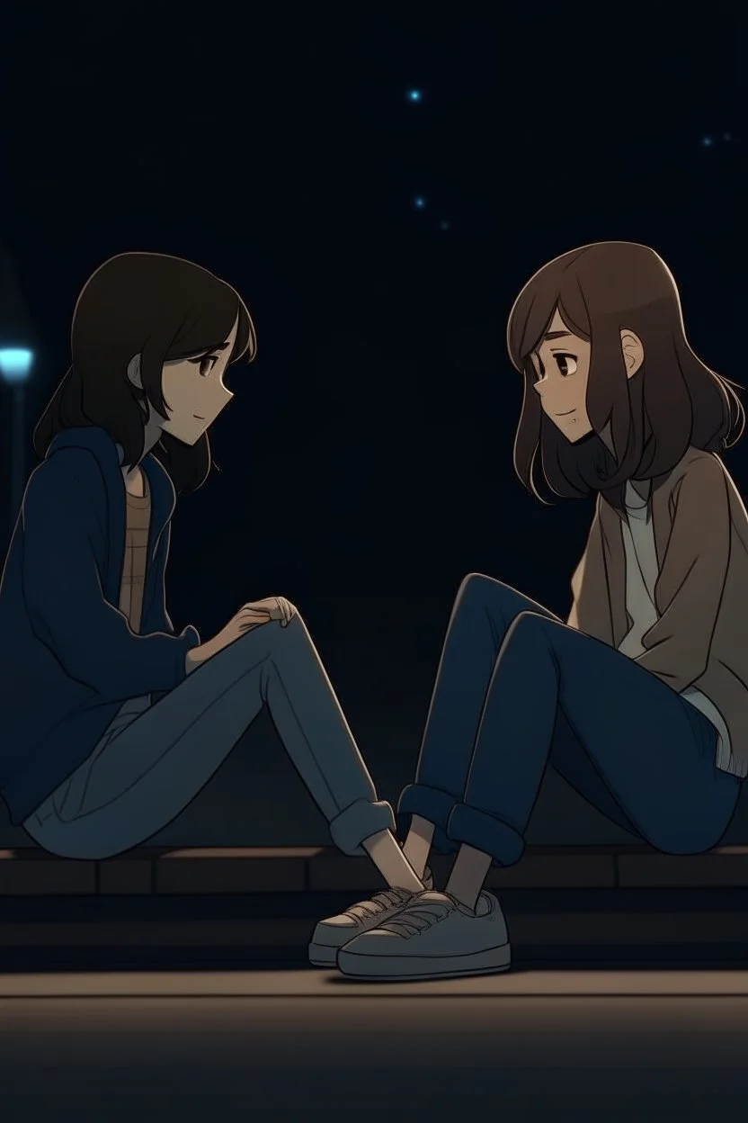 2D animasyon gece oturmuş birbirleri ile sohbet eden 2 kız kısa saçlı ve daha güzel kıyafetler daha detaylı