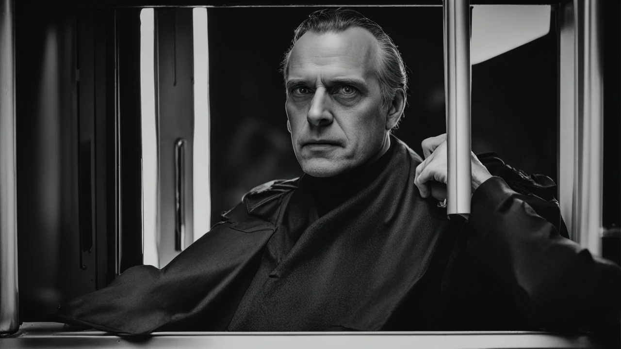 In the photo, we see a man sitting in the dark, looking at the camera with a cold gaze. The man is dressed in black and seems uninterested in what is going on around him.