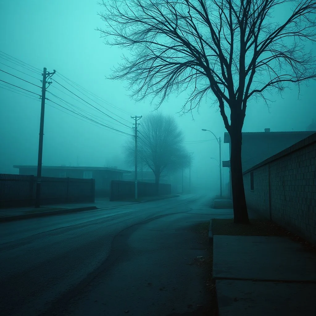 A nostalgic image of a dimly lit, foggy street in the outskirts with a pastel blue and brown color scheme. The street has a textured, rough surface. There is a tree in the corner. The background contains a few buildings. The overall atmosphere is eerie and foggy.
