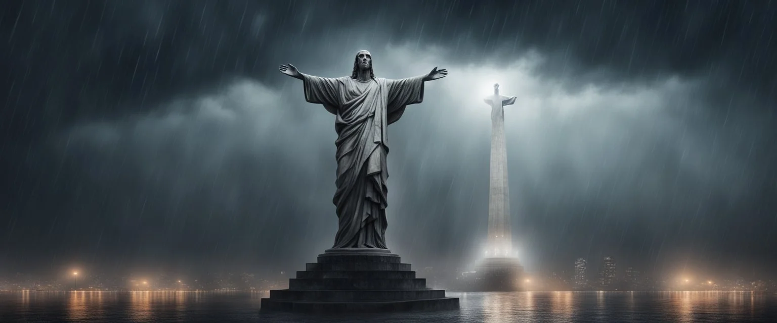 Hyper Realistic apocalyptic haunted view of The statue of Christ the Redeemer at dark rainy night