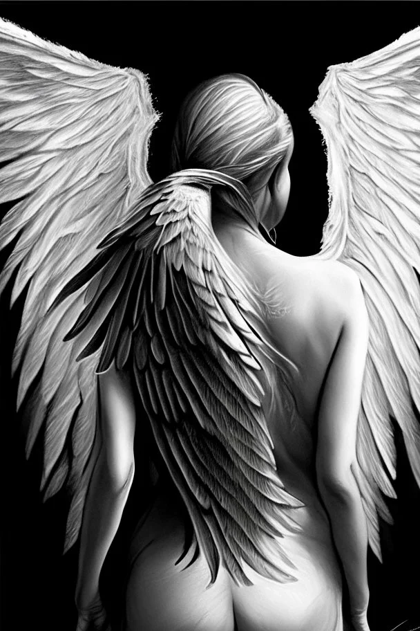 woman angel from back with sharpand wide wings ultra realistic drawing