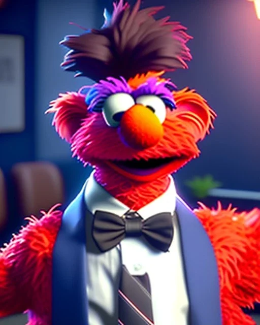 hybrid character, Elmo muppet head, realistic man body, human arms and hands, Shirt and tie, concept art, smooth, unreal engine 5, god lights, ray tracing, RTX, lumen lighting, ultra detail, volumetric lighting, 3d, finely drawn, high definition, 4k.