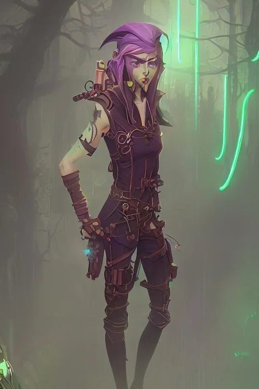 steampunk elf in a neon dystopian forest