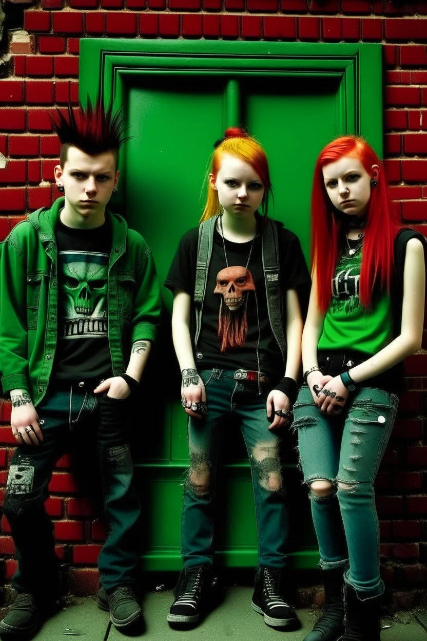 Act like a book cover designer. Use graffiti style. Three teenagers (13-15 years old) - two boys and a girl with a grimy black cat. Second plan: punk rocker with red mohawk at the brick wall with green door. Enviroment: old town.