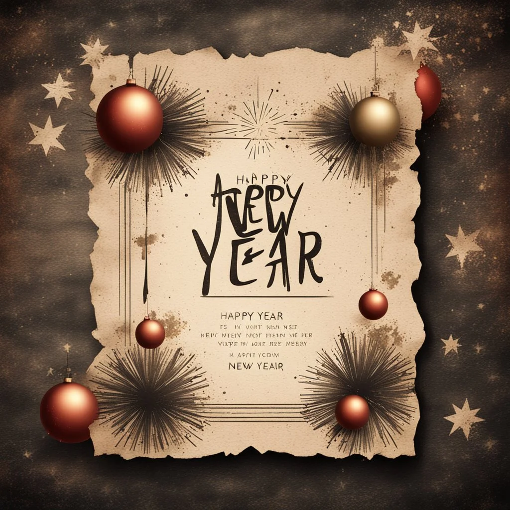 Hyper Realistic Happy New Year Card on a Vintage grungy Paper with dark rustic background