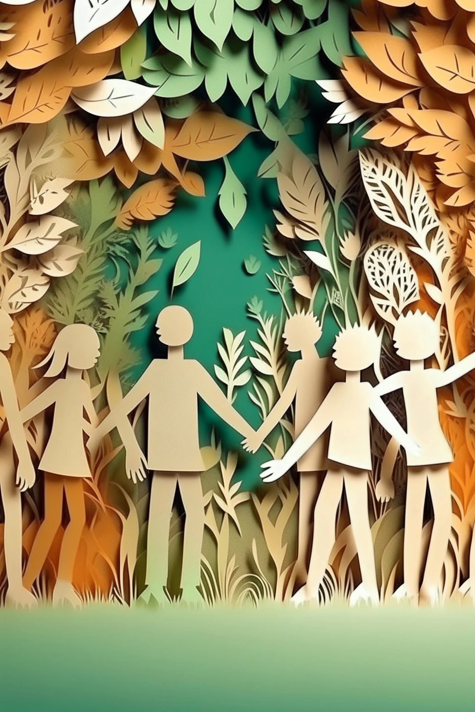 Paper cut out of lots of people holding hands using fantasy style 4:3 aspect ratio