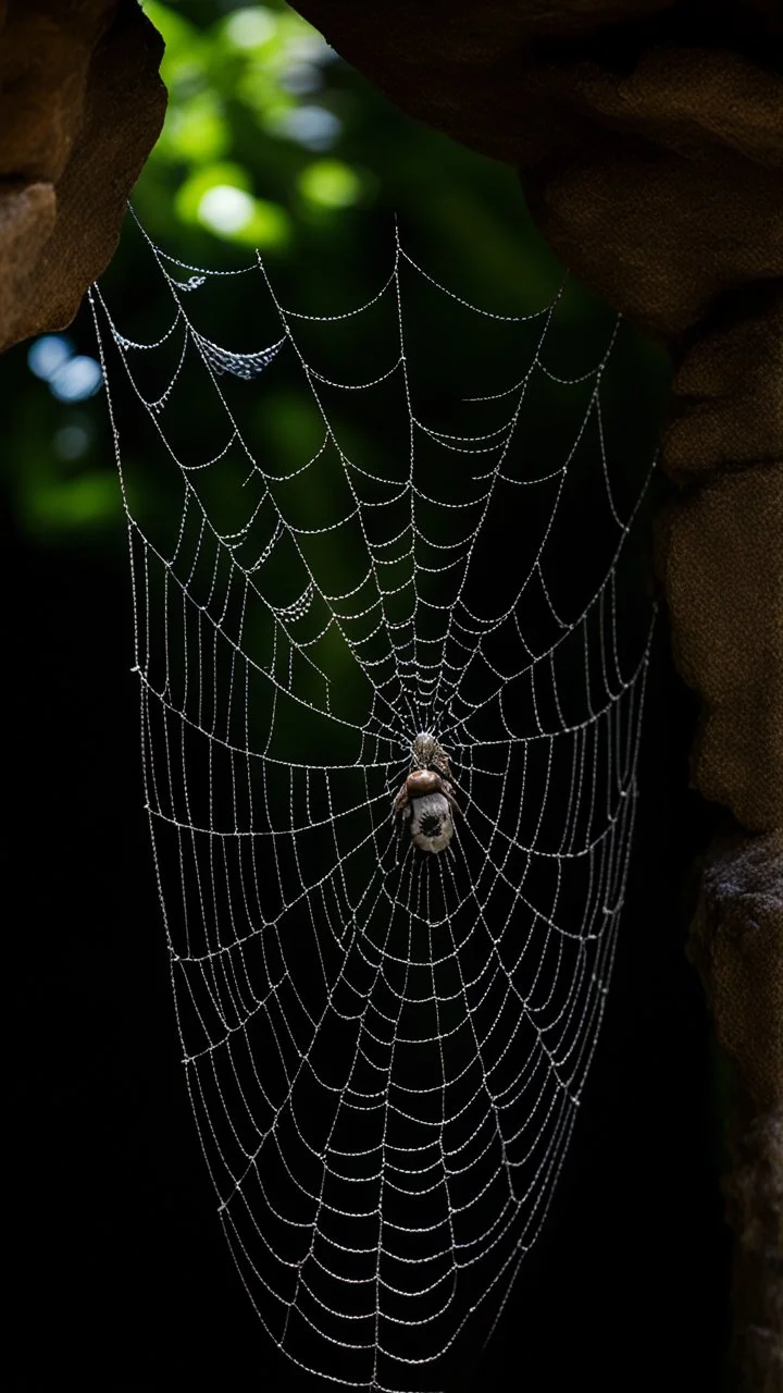 A very fine spider web in front of a dark cave entrance .!a laying inBOKEH shot style of time-lapse photography, fujifilm provia 400x, 100mm lens, luminous shadows, renaissance-inspired , home and garden, wildlife nature photography, HDRI. A nest in front of the spider web with a dove laying in it