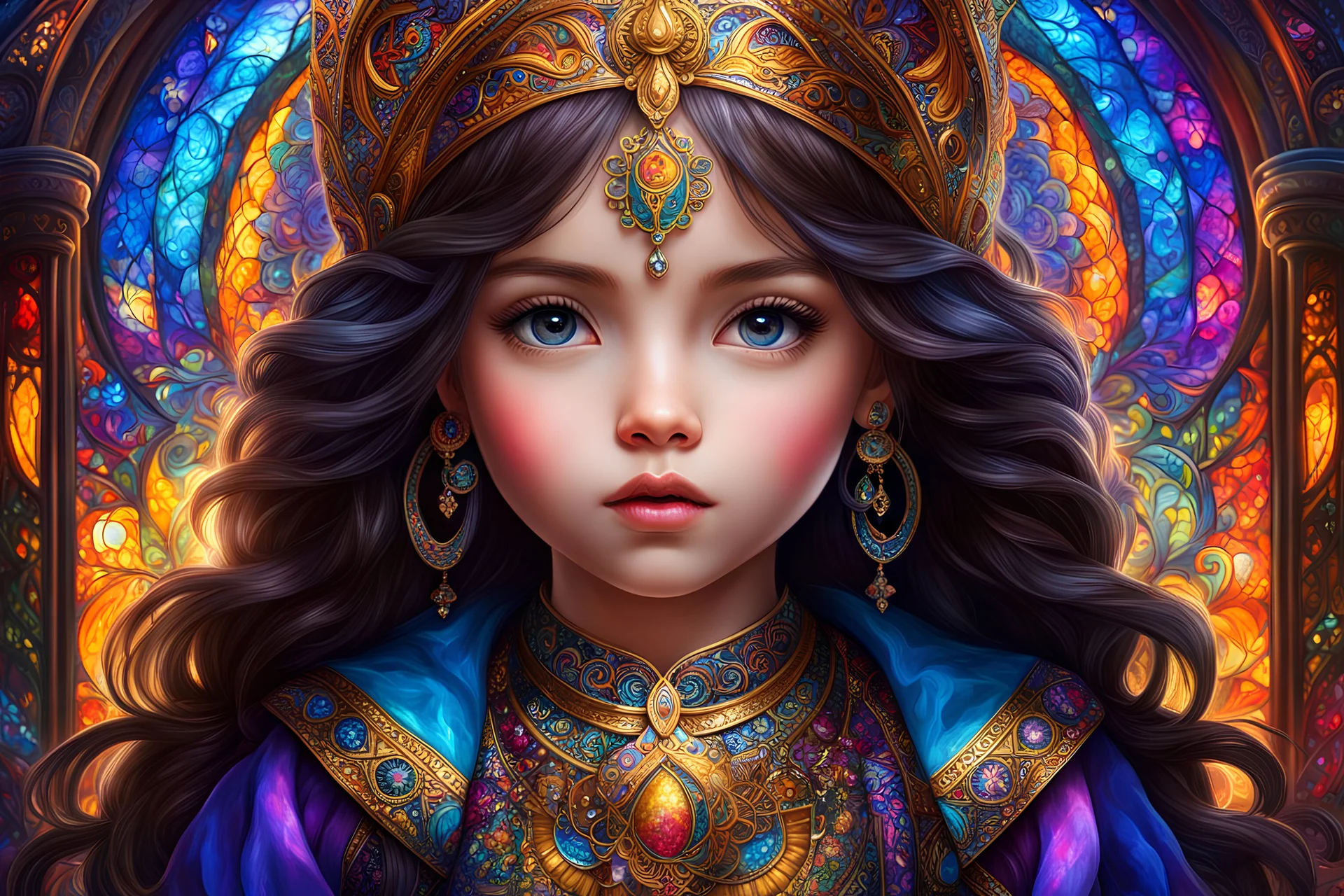 Adorable mysterious little girl, beautiful arcane girl, palestinian goddess, insanely detailed artwork by Awwchang, Ferdinand Knab, Artgerm Lau, Anne Stokes, Josephine Wall, Leonid Afremov, vibrant deep colors, magnificent hyperdetailed, maximalist, HDR, 16k resolution, trending on ArtStation, CGSociety, sharp focus, stained glass background resolution HDR