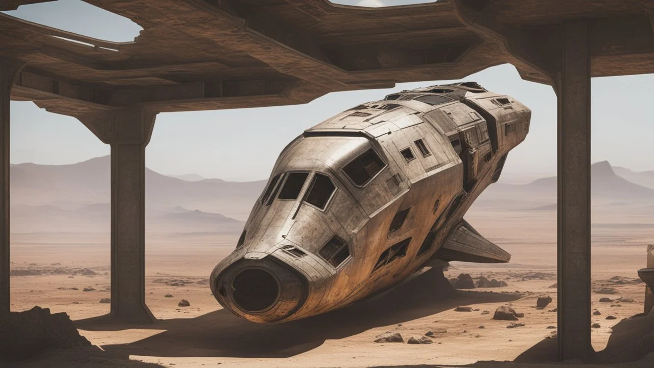 Sleek Cargo Spaceship Sitting In A Ruined Landscape