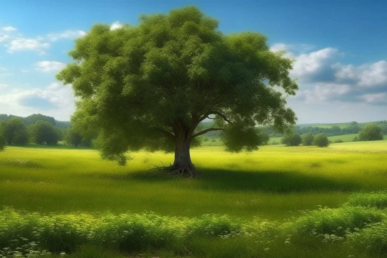 ultra photo realistic tree in meadow english countryside from a distance scenery painting