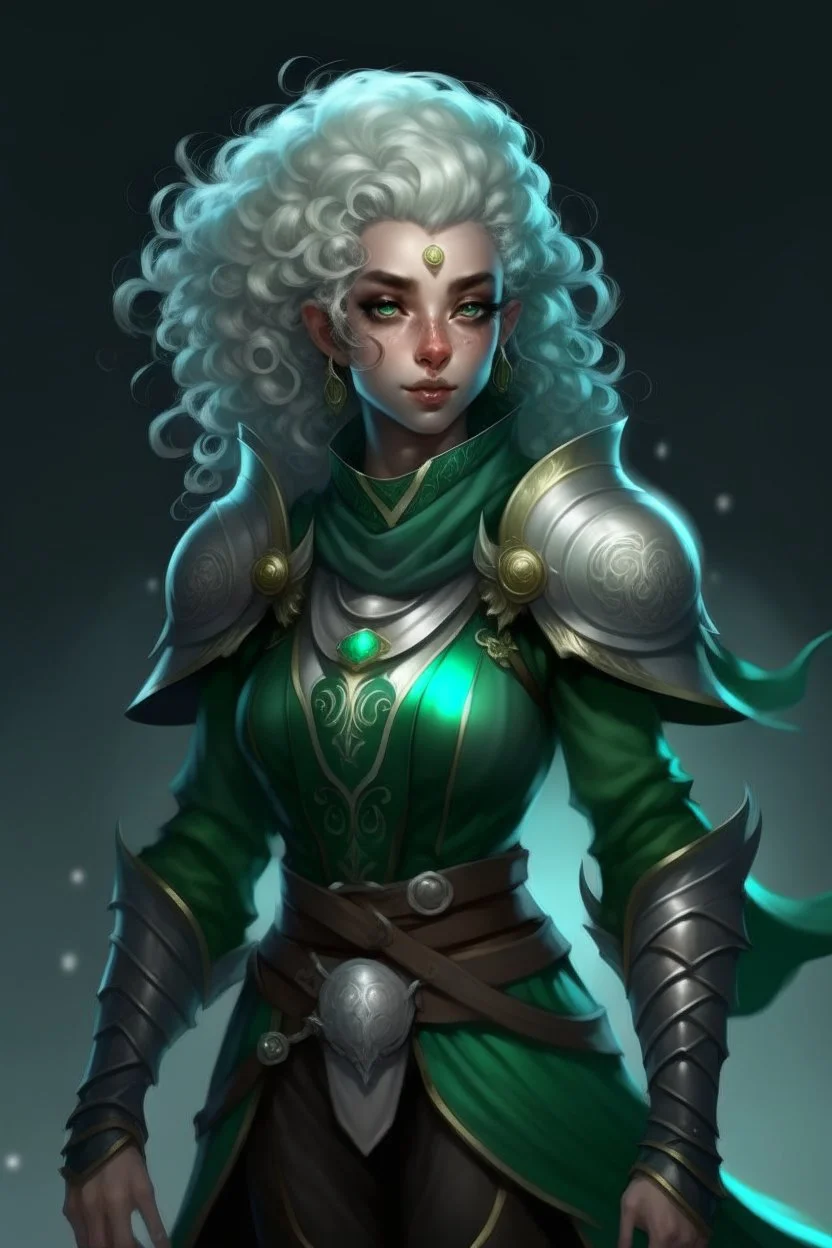 Female moon elf twilight cleric in dark green armour with blueish curly hair and white eyes