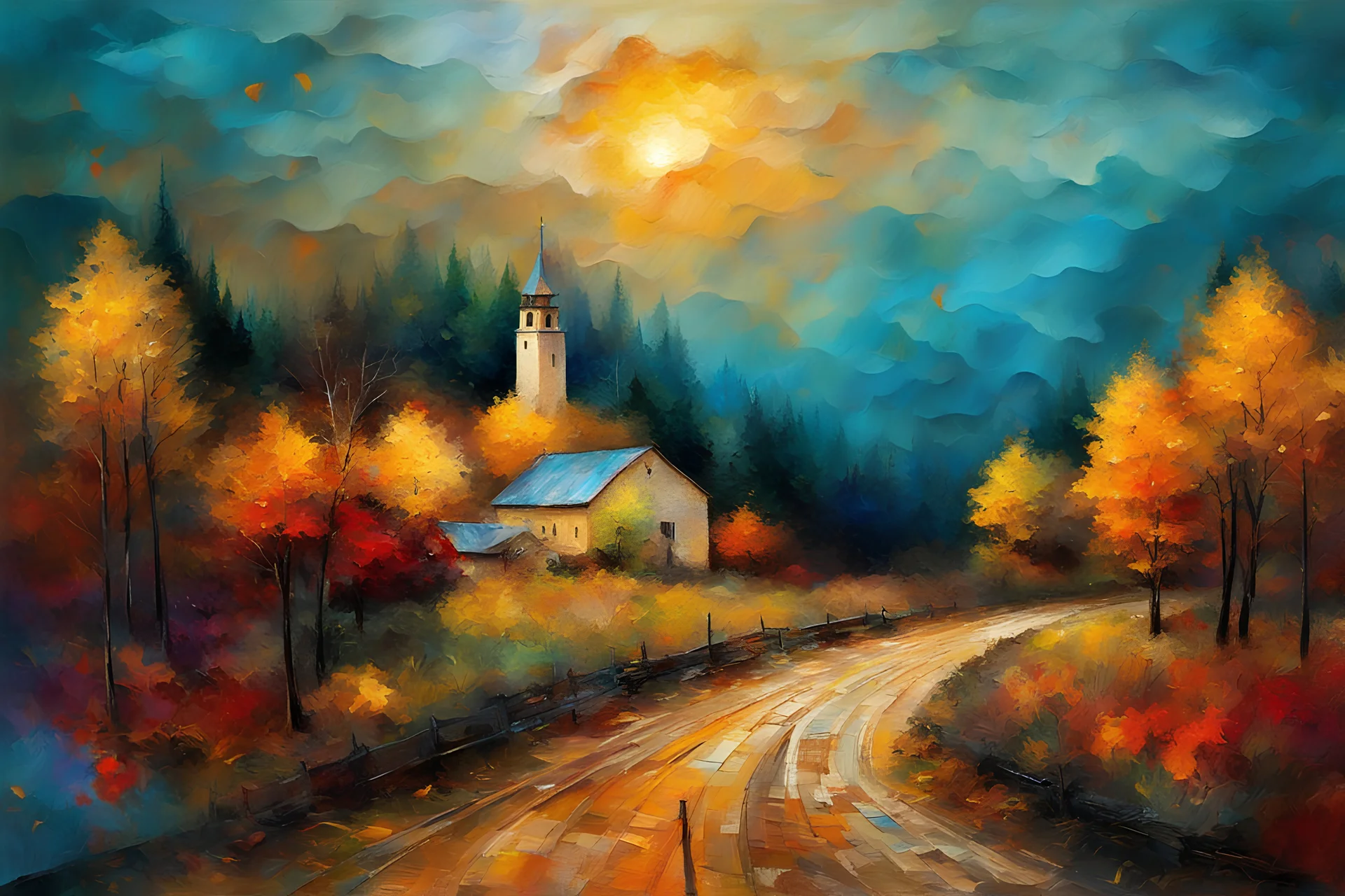 Colorful autumn landscapes in the style of expressionist paintings contemplating oil paintings, Van Gogh, Klimt, Renoir Bokeh beautiful dreamy view of Van Gogh Yossi Kotler art