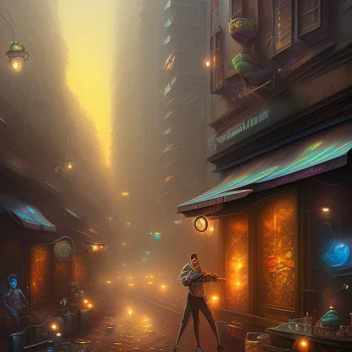 spray paint fantasy art, evening, seen from store window, dirty city alley, heist action, close up on human thief with great style, book illustration, cartoon characters